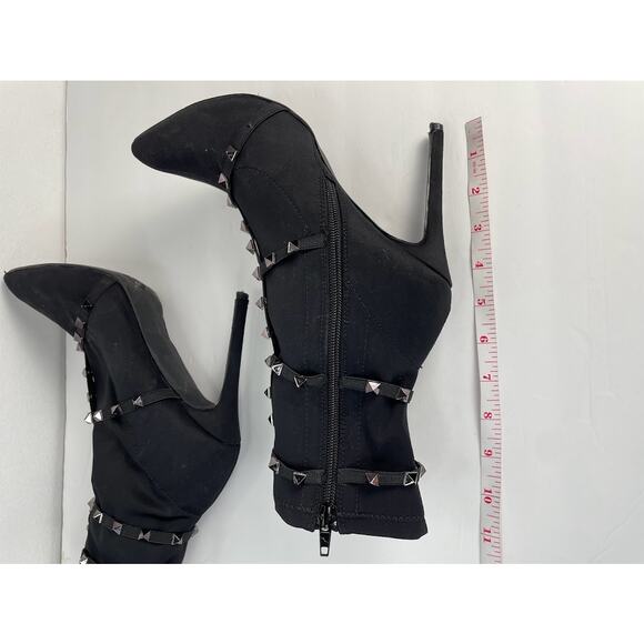 Studded Heels Womens Size 8.5 Mid-Calf Boots Pull On Black Pointed Toe Booties - Picture 10 of 12